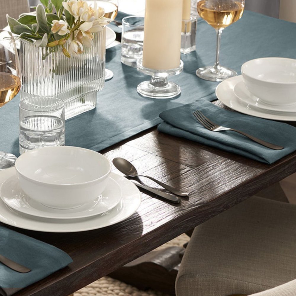 Fieldcrest Luxury Washed Linen Table Runner & Napkin Set Mineral Blue